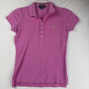 Ralph Lauren The Skinny Polo Shirt Women's M Hot Pink Neon Green Pony Y2K Preppy